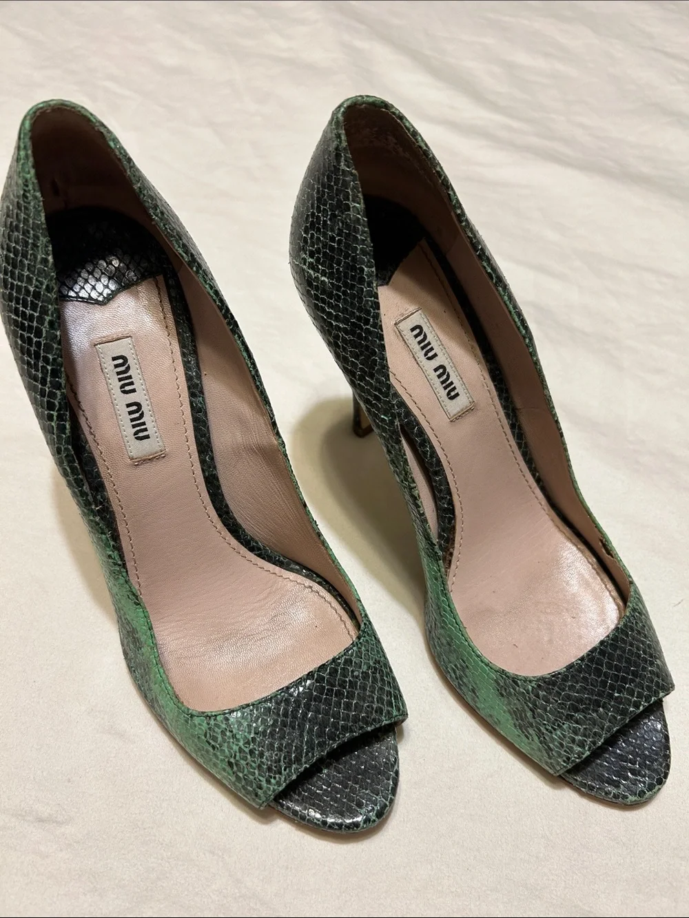 Miu Miu Green Snakeskin Open-Toe Pumps